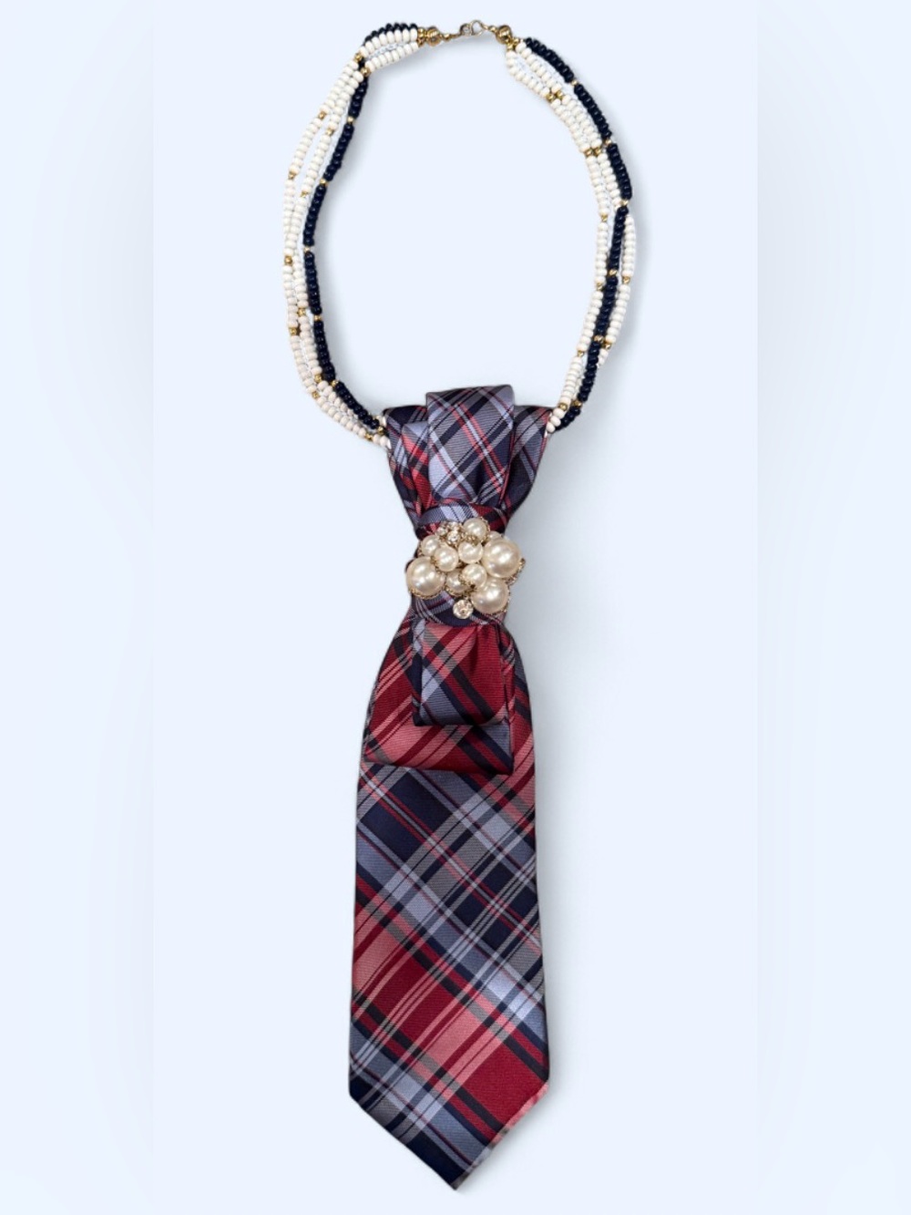 Upcycled Silk Plaid Necktie Necklace Pearl Embellishments Academia BacktoSchool - Picture 3 of 5